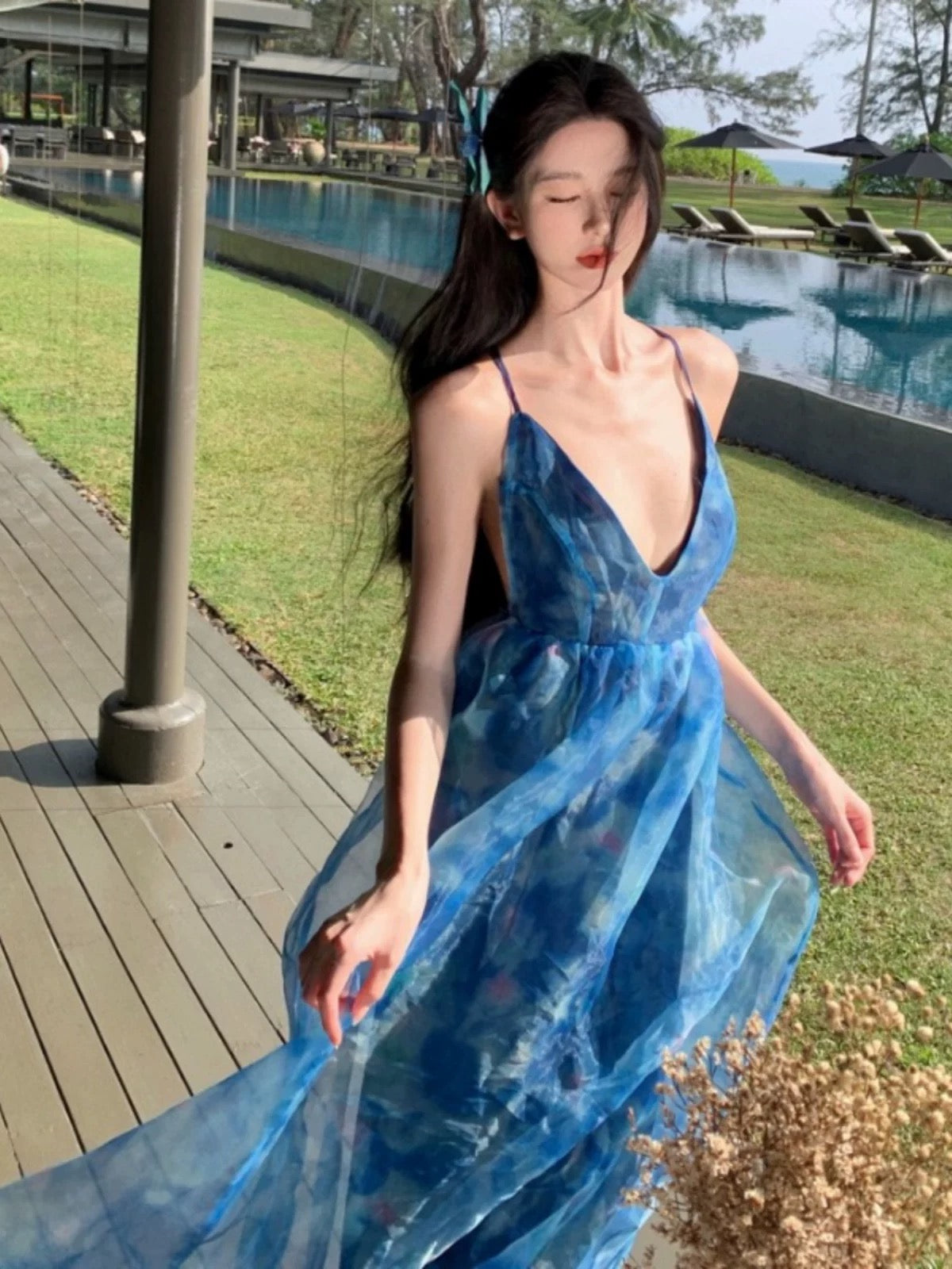 Sexy A line Spaghetti Straps Blue Floral Backless Holiday Beach Dress Women's Long Vacation Dresses SD1155