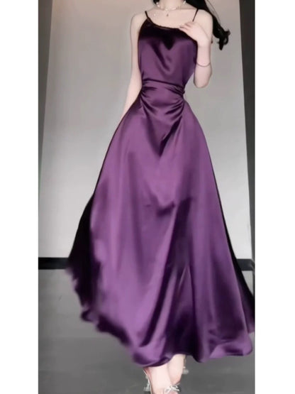 Sexy Sheath Spaghetti Straps Grape Satin Birthday Dresses Night Party Dress SD1156