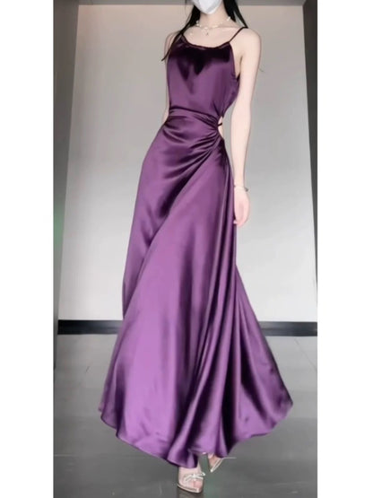 Sexy Sheath Spaghetti Straps Grape Satin Birthday Dresses Night Party Dress SD1156