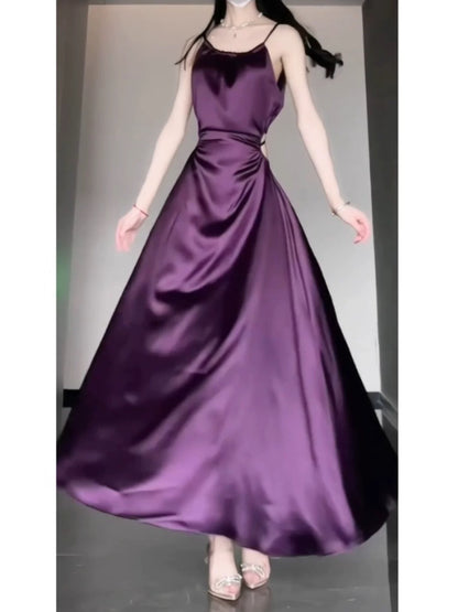 Sexy Sheath Spaghetti Straps Grape Satin Birthday Dresses Night Party Dress SD1156