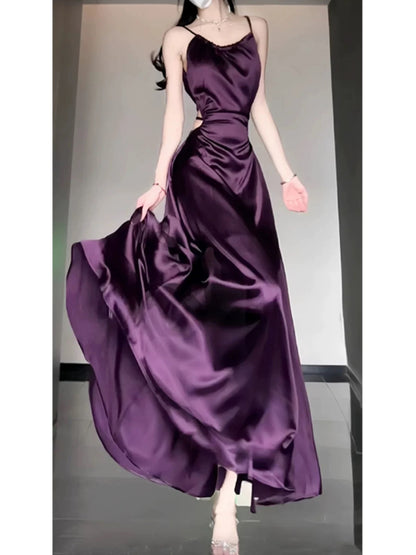 Sexy Sheath Spaghetti Straps Grape Satin Birthday Dresses Night Party Dress SD1156