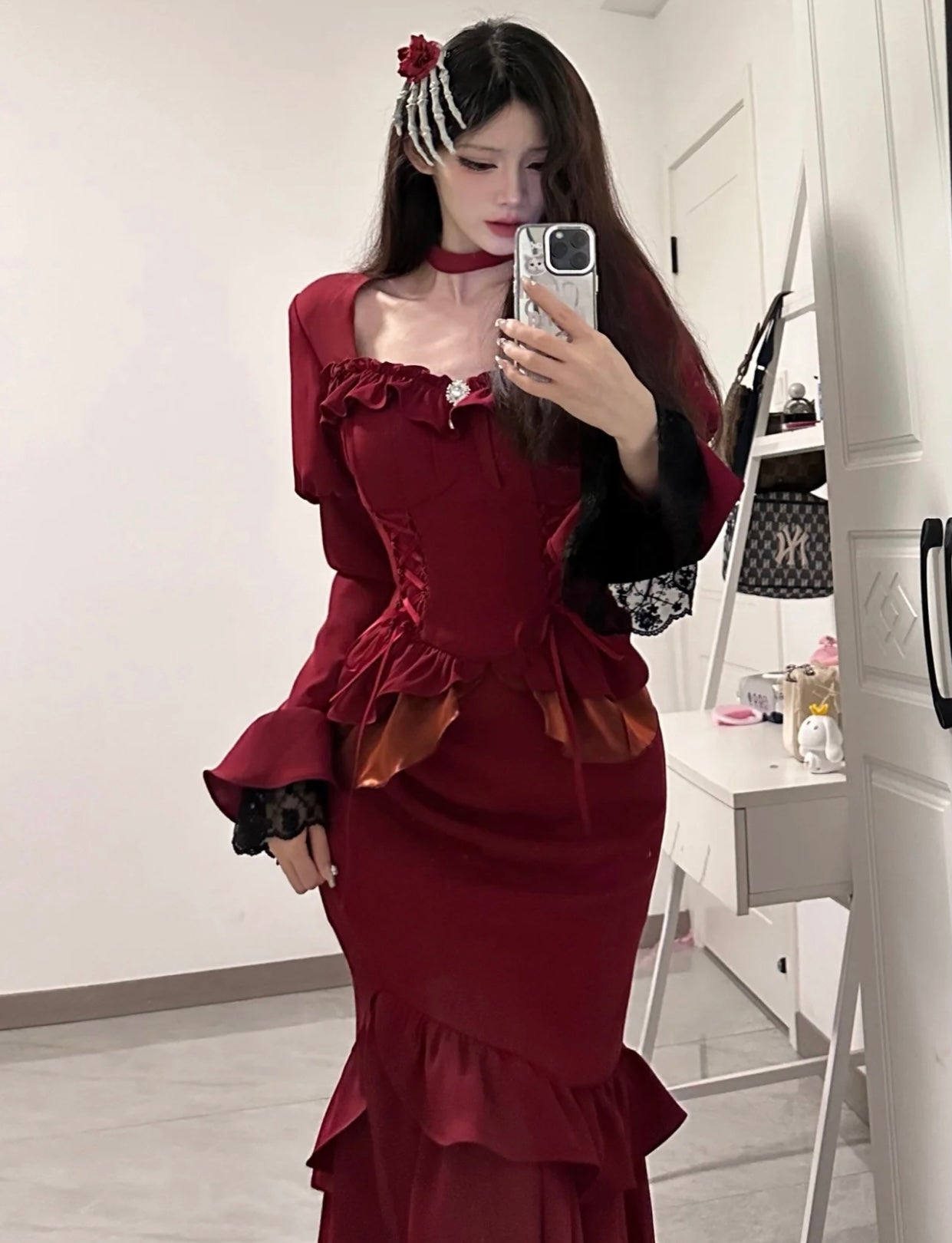 Chic Mermaid Square Neckline Christmas Dress Burgundy Birthday Dresses Birthday Outfits SD1161