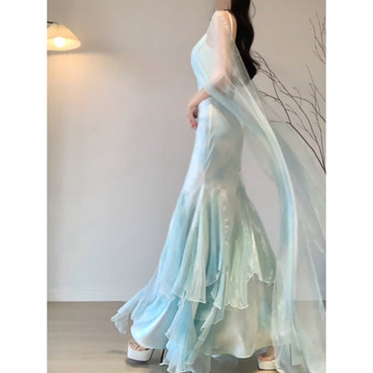 Chic Mermaid Spaghetti Straps Light Green Chiffon Long Prom Dress Birthday Dresses Birthday Outfits SD1164