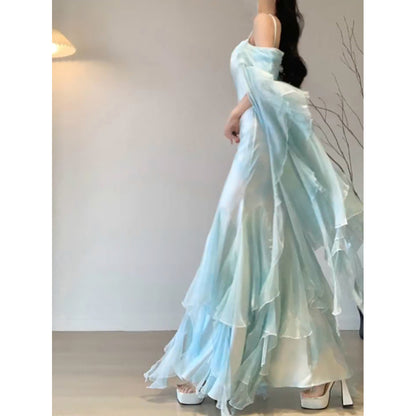 Chic Mermaid Spaghetti Straps Light Green Chiffon Long Prom Dress Birthday Dresses Birthday Outfits SD1164