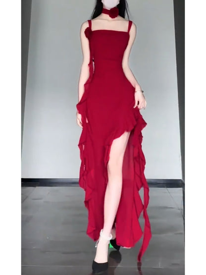 Sexy High Low Spaghetti Straps Christmas Dress Red Prom Dresses Birthday Outfits SD1168