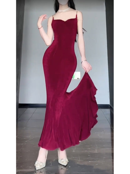 Sexy Mermaid Spaghetti Straps Christmas Dress Burgundy Prom Dresses Birthday Outfits SD1169