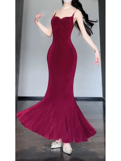 Sexy Mermaid Spaghetti Straps Christmas Dress Burgundy Prom Dresses Birthday Outfits SD1169