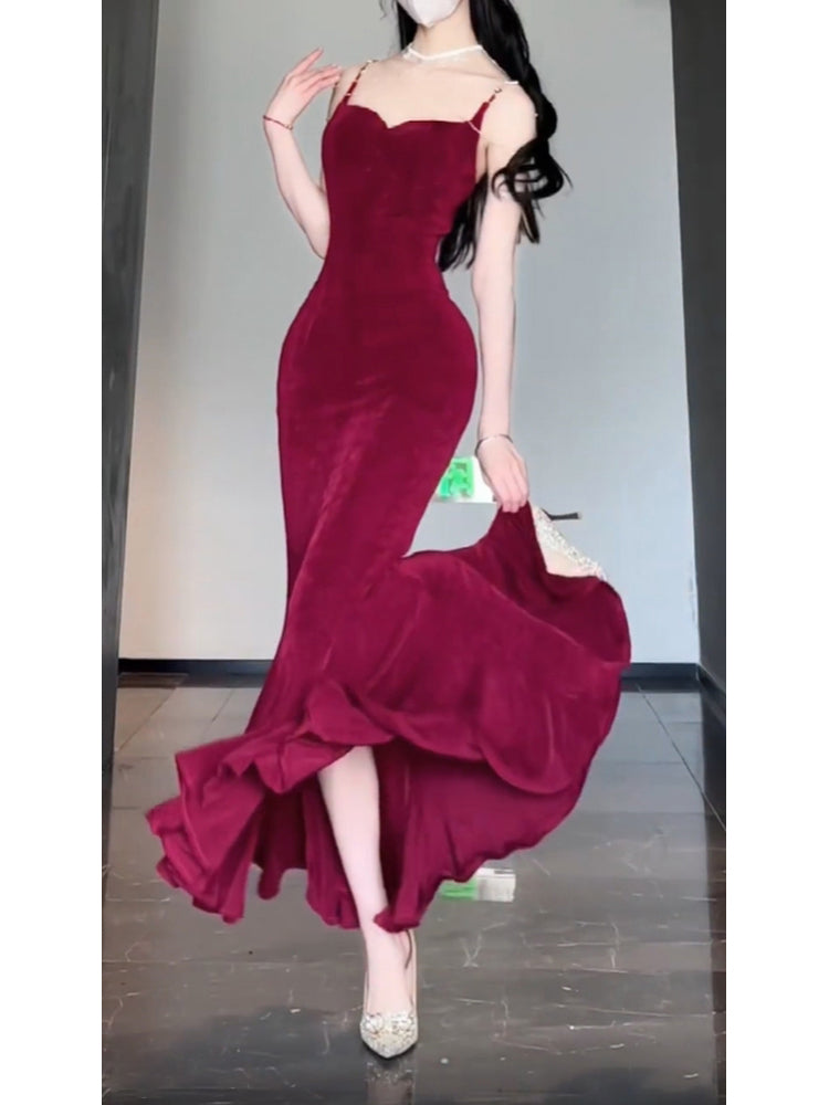 Sexy Mermaid Spaghetti Straps Christmas Dress Burgundy Prom Dresses Birthday Outfits SD1169