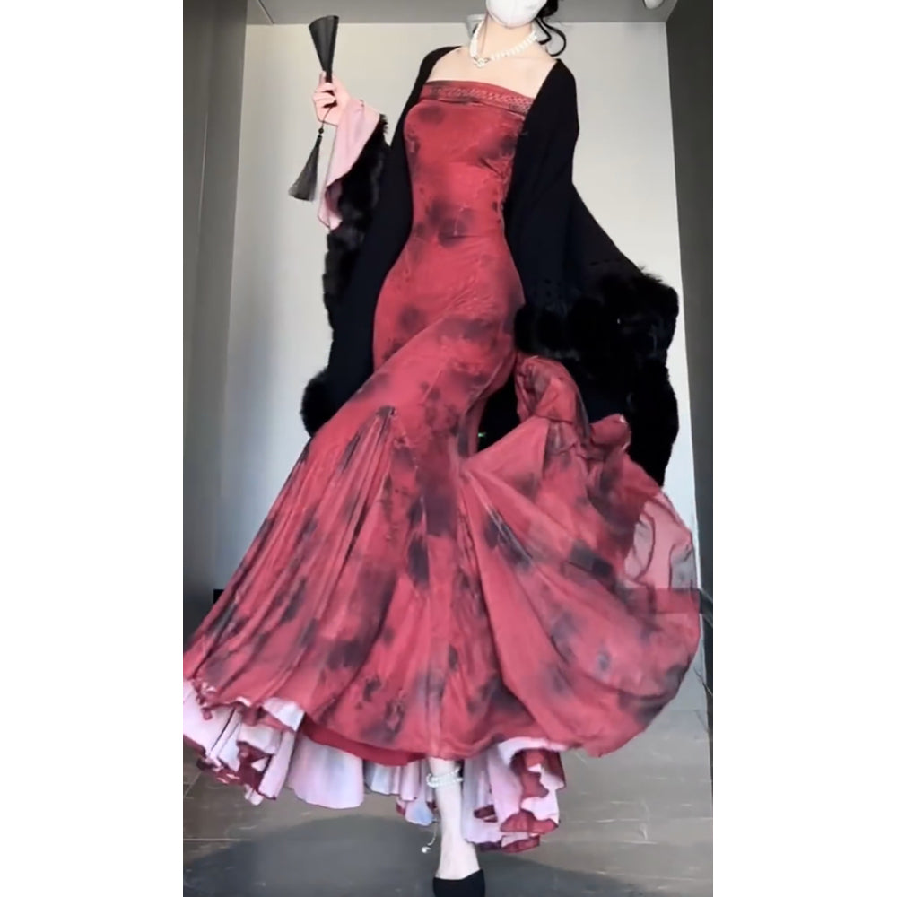 Retro Mermaid Off The Shoulder Floral Red Long Sleeves Party Dresses Birthday Outfits