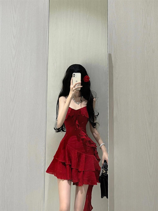 Cute A line Spaghetti Straps Red Short Ruffles Skirt Birthday Dresses Birthday Outfits SD1177