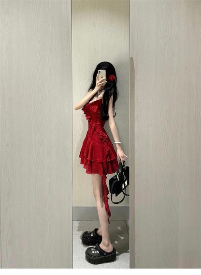 Cute A line Spaghetti Straps Red Short Ruffles Skirt Birthday Dresses Birthday Outfits SD1177