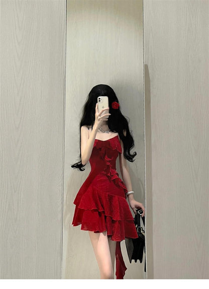 Cute A line Spaghetti Straps Red Short Ruffles Skirt Birthday Dresses Birthday Outfits SD1177