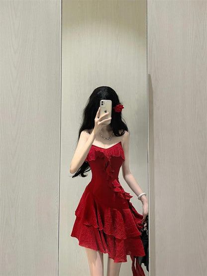 Cute A line Spaghetti Straps Red Short Ruffles Skirt Birthday Dresses Birthday Outfits SD1177