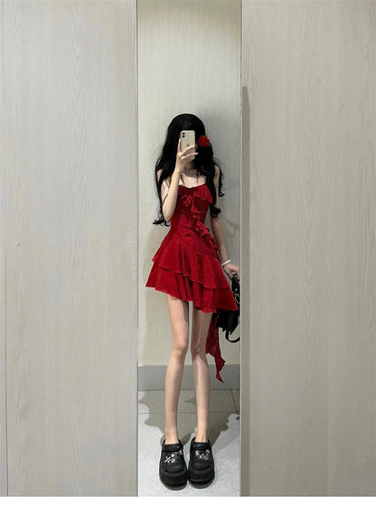 Cute A line Spaghetti Straps Red Short Ruffles Skirt Birthday Dresses Birthday Outfits SD1177