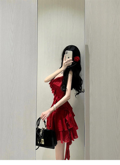 Cute A line Spaghetti Straps Red Short Ruffles Skirt Birthday Dresses Birthday Outfits SD1177