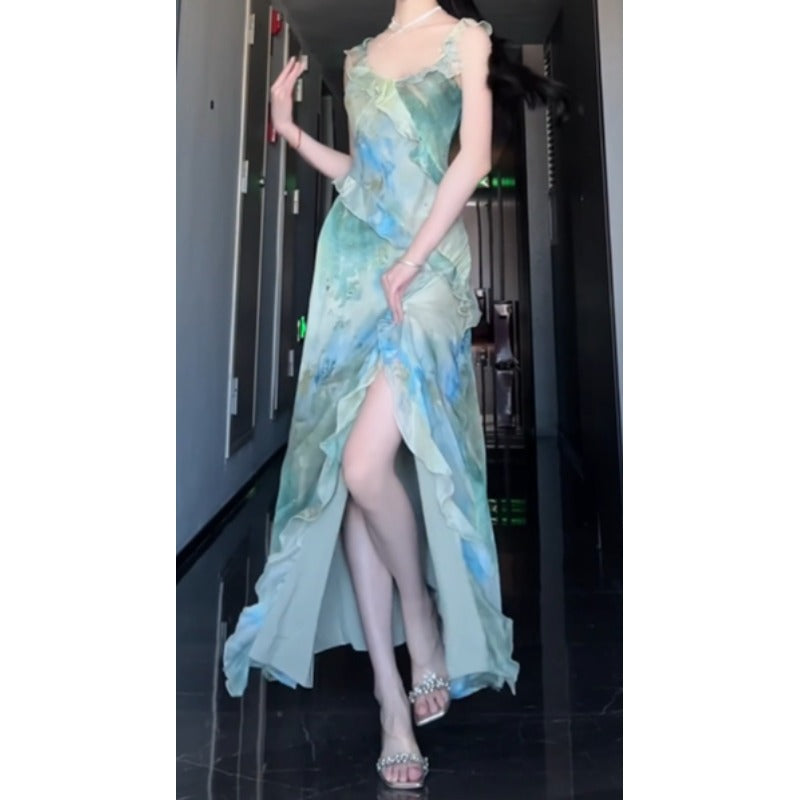 Sexy Sheath Straps Green Floral Beach Dress Women's Vacation Dresses Birthday Dress SD1178