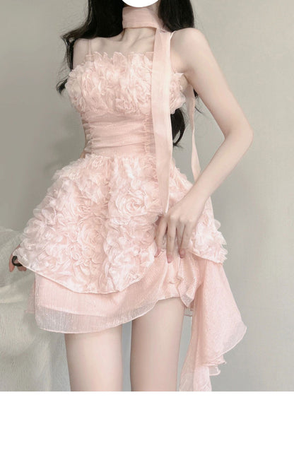 Cute A line Spaghetti Straps Pink Chiffon Short Birthday Dresses Birthday Outfits SD1183