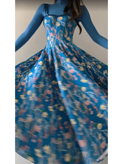 Vintage A line Spaghetti Straps Royal Blue Floral Long Birthday Dresses Prom Dress Birthday Outfits SD1187