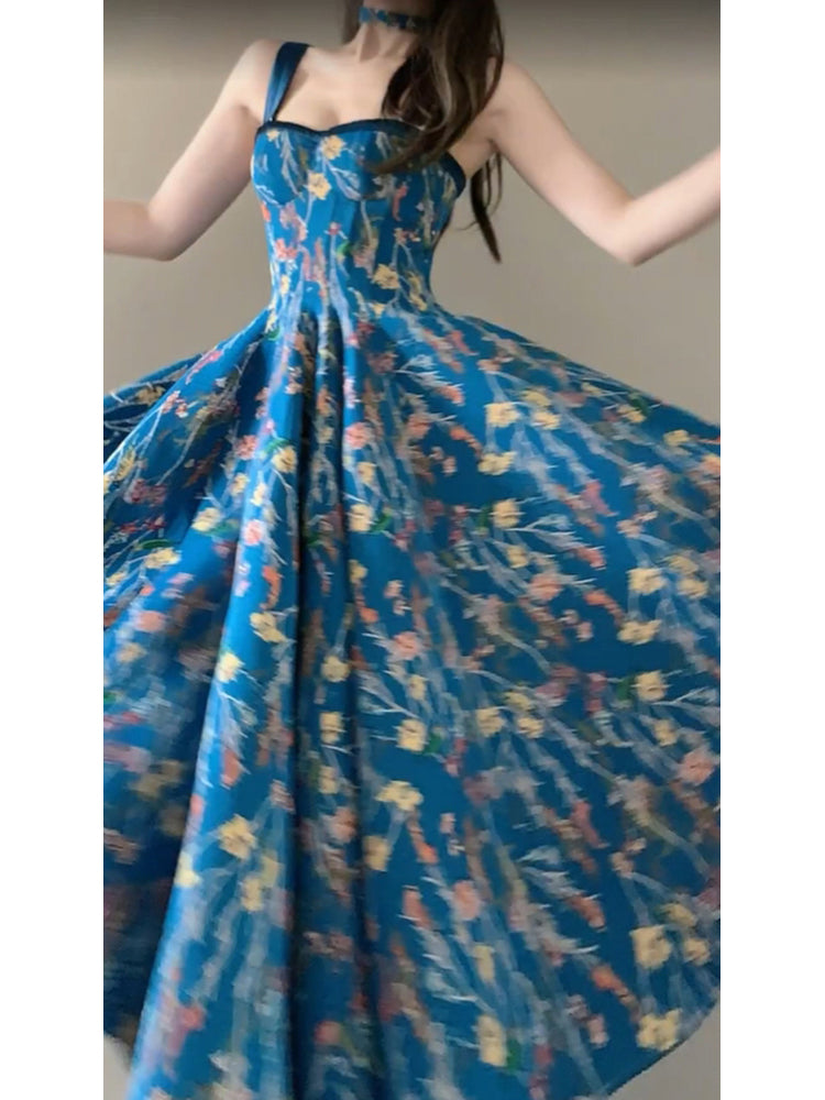 Vintage A line Spaghetti Straps Royal Blue Floral Long Birthday Dresses Prom Dress Birthday Outfits SD1187