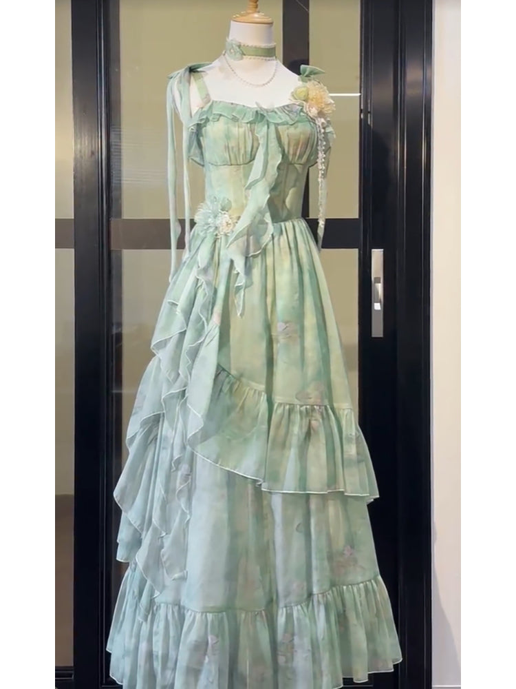 Vintage A line Spaghetti Straps Green Floral Long Birthday Dresses Prom Dress Birthday Outfits SD1189