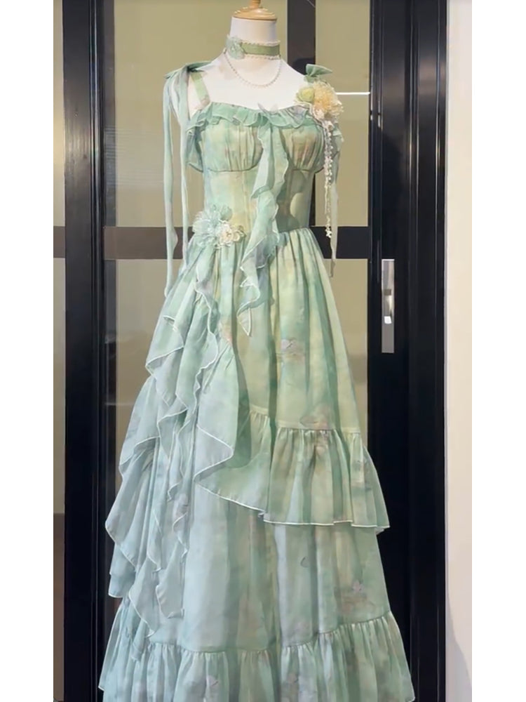 Vintage A line Spaghetti Straps Green Floral Long Birthday Dresses Prom Dress Birthday Outfits SD1189