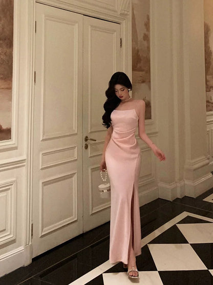 Classy Sheath Spaghetti Straps Pink Satin Prom Dresses Birthday Outfits Evening Gown SD1118