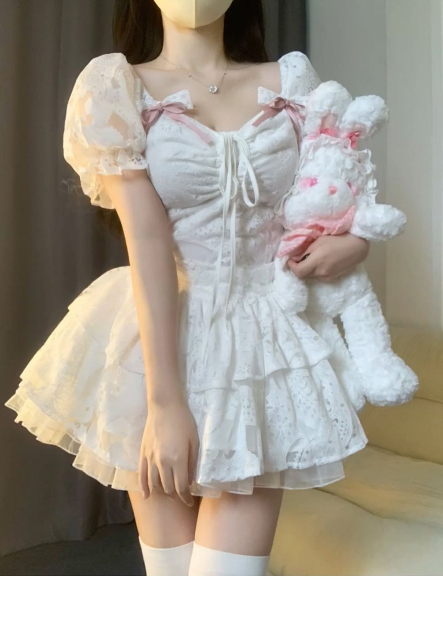 Chic Ball Gown Short Sleeves White Lace Lolita Dresses Party Dress Birthday Outfits SD1192