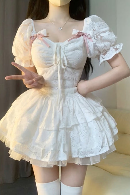 Chic Ball Gown Short Sleeves White Lace Lolita Dresses Party Dress Birthday Outfits SD1192