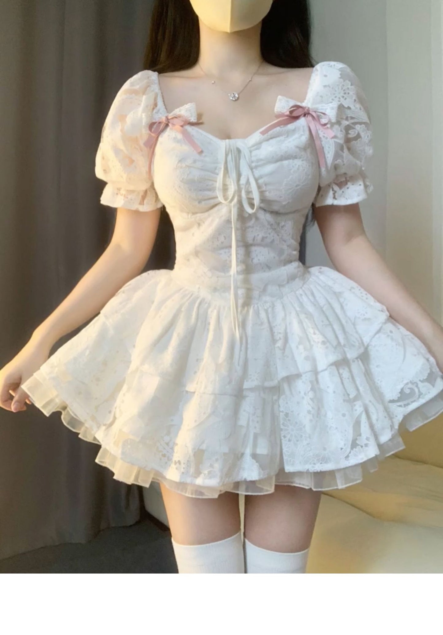 Chic Ball Gown Short Sleeves White Lace Lolita Dresses Party Dress Birthday Outfits SD1192