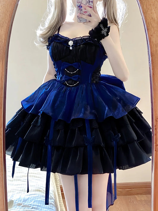 Chic Ball Gown Straps Royal Blue Organza Short Lolita Dresses Party Dress Birthday Outfits SD1194