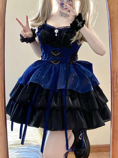 Chic Ball Gown Straps Royal Blue Organza Short Lolita Dresses Party Dress Birthday Outfits SD1194