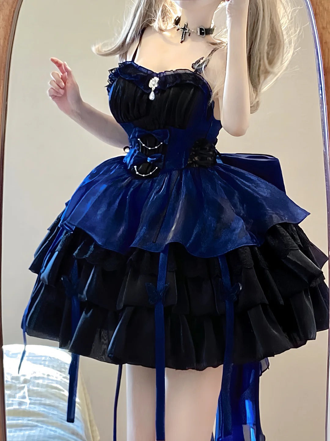 Chic Ball Gown Straps Royal Blue Organza Short Lolita Dresses Party Dress Birthday Outfits SD1194