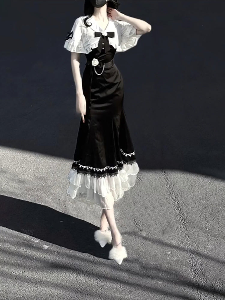 Princess A line Black Satin Long Prom Dresses Night Lolita Dress Birthday Outfits SD1195