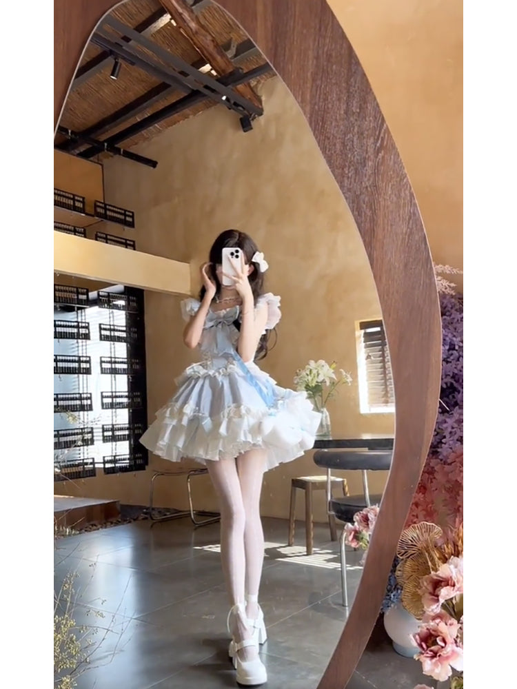 French Ball Gown Square Neckline Short Tulle Blue Lolita Dresses Party Dress Birthday Outfits SD1200