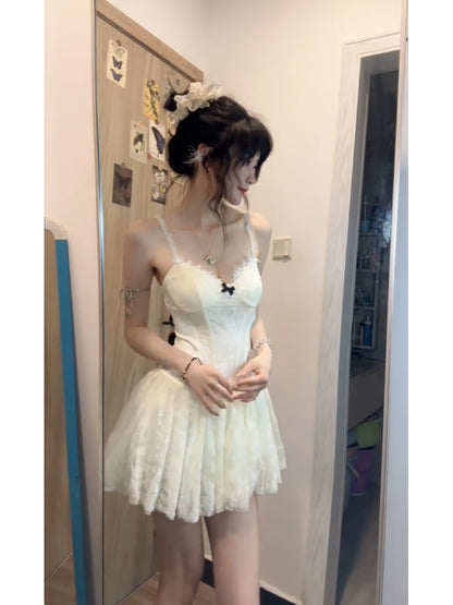 Cute A line Spaghetti Straps White Lace Short 2 Pieces Dresses Party Dress Birthday Outfits SD1201