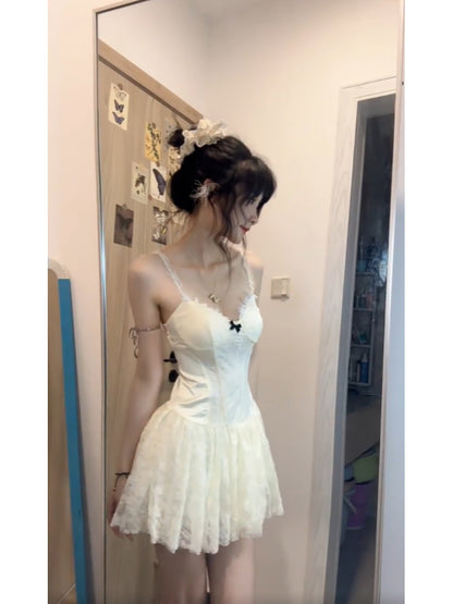 Cute A line Spaghetti Straps White Lace Short 2 Pieces Dresses Party Dress Birthday Outfits SD1201