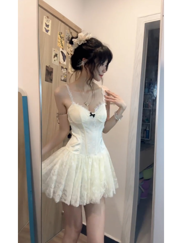 Cute A line Spaghetti Straps White Lace Short 2 Pieces Dresses Party Dress Birthday Outfits SD1201