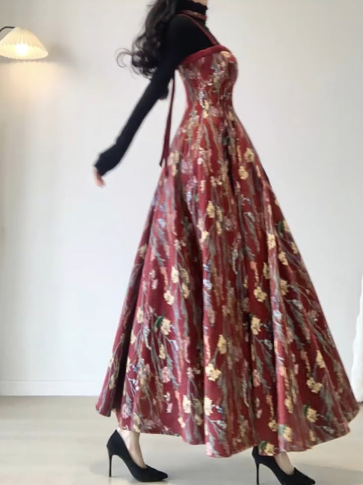 Vintage A line Spaghetti Straps Red Floral Long Birthday Dresses Prom Dress Birthday Outfits SD1203