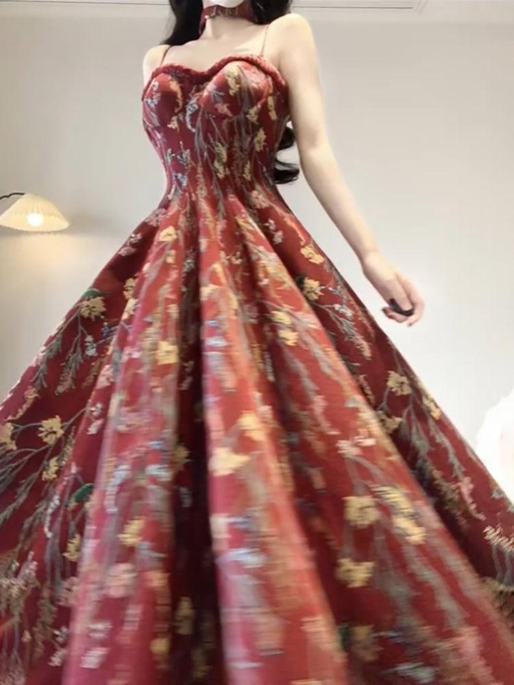 Vintage A line Spaghetti Straps White Floral Long Birthday Dresses Prom Dress Chiffon Birthday Outfits