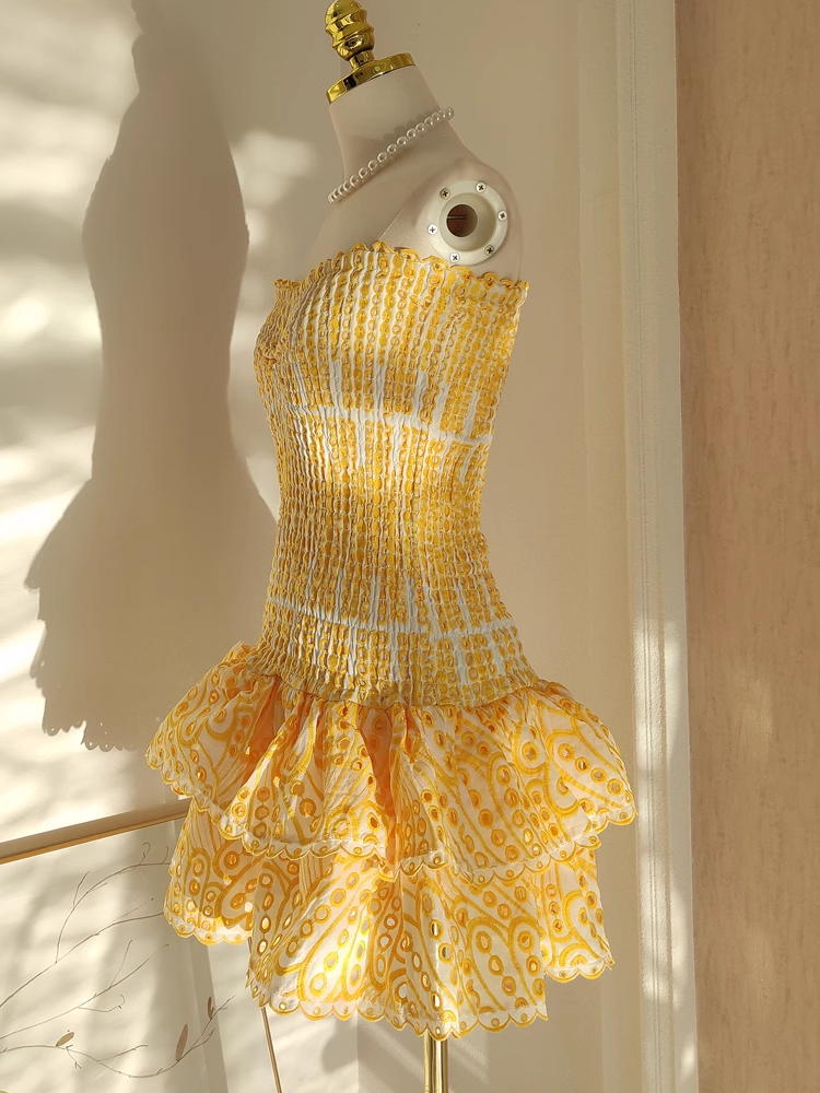 Cute Sheath Strapless Yellow Lace Vacation Dress Short Birthday Dresses SD120