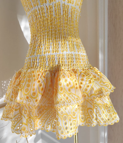 Cute Sheath Strapless Yellow Lace Vacation Dress Short Birthday Dresses SD120