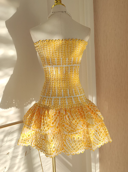 Cute Sheath Strapless Yellow Lace Vacation Dress Short Birthday Dresses SD120