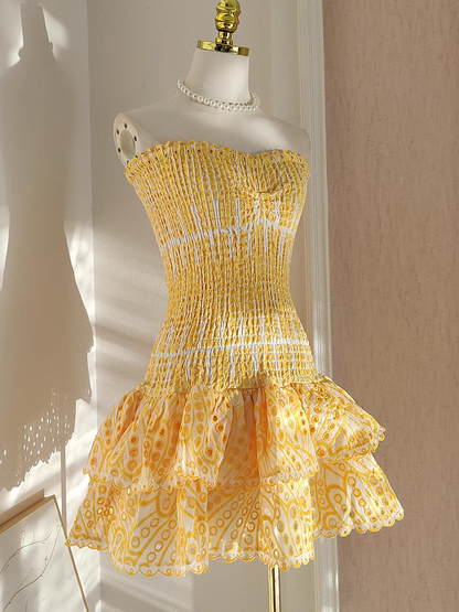 Cute Sheath Strapless Yellow Lace Vacation Dress Short Birthday Dresses SD120