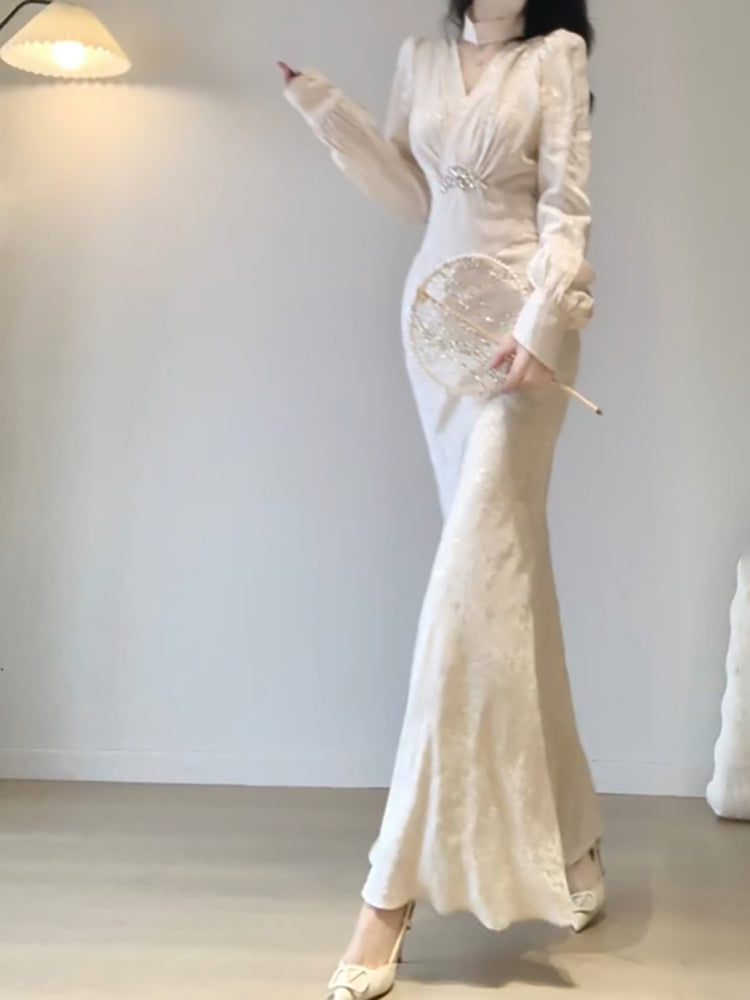 Sexy Mermaid V Neckline Long Sleeves White Prom Dresses Night Dress Birthday Outfits SD1211