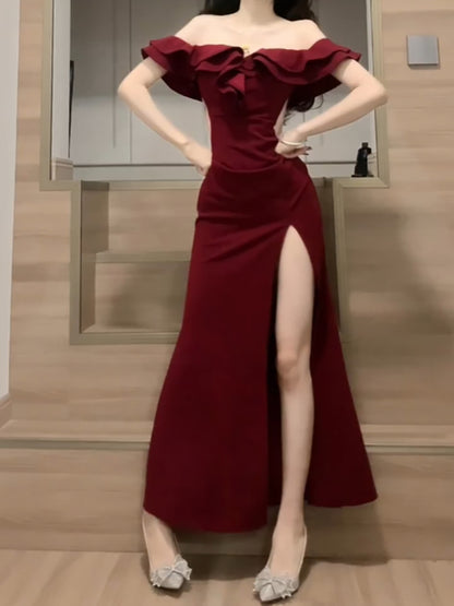 Sexy Sheath Off The Shoulder Burgundy Slit Holiday Prom Dresses Night Dress Birthday Outfits SD1218