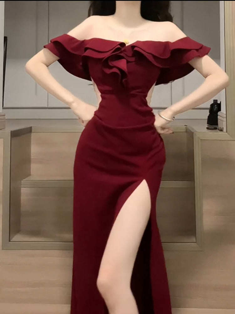 Sexy Sheath Off The Shoulder Burgundy Slit Holiday Prom Dresses Night Dress Birthday Outfits SD1218