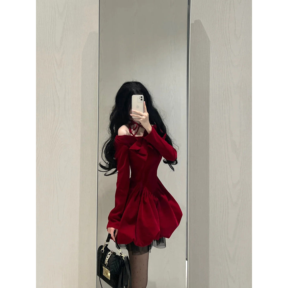 Chic Ball Gown Long Sleeves Red Velvet Party Dress Birthday Dresses Birthday Outfits SD1227