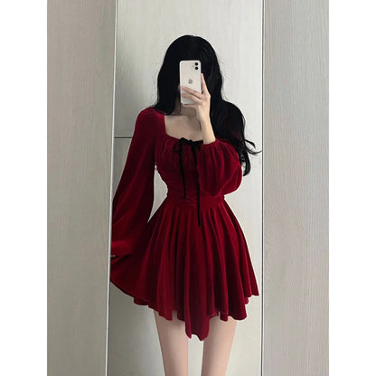 Chic A line Square Neckline Long Sleeves Red Velvet Party Dress Birthday Dresses Birthday Outfits SD1228