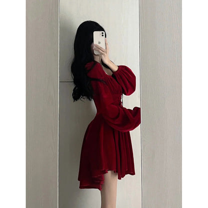 Chic A line Square Neckline Long Sleeves Red Velvet Party Dress Birthday Dresses Birthday Outfits SD1228