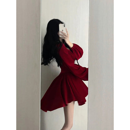 Chic A line Square Neckline Long Sleeves Red Velvet Party Dress Birthday Dresses Birthday Outfits SD1228